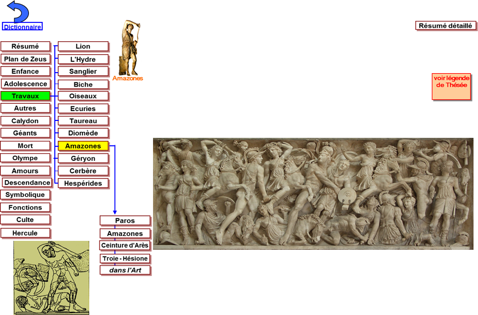 Hercule travaux - métopes Zeus Olympie -456 Ceinture Hippolyte,Amazone_blessée - Phidias_copie_romaine - Rome_Capitole - V°mythe Gudrich,Combat avec Amazones CIMG3751 recadr mytho
