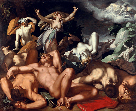Niob empche;Niobides tus par;Apollon;Artmis+Bloemaert Abraham+Copenhague+1591+