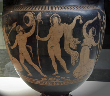 Dionysos;Ménade;Satyre+Cratère 1 Apulie+Mah Genève+-370+MAH CIMG6082L5307+